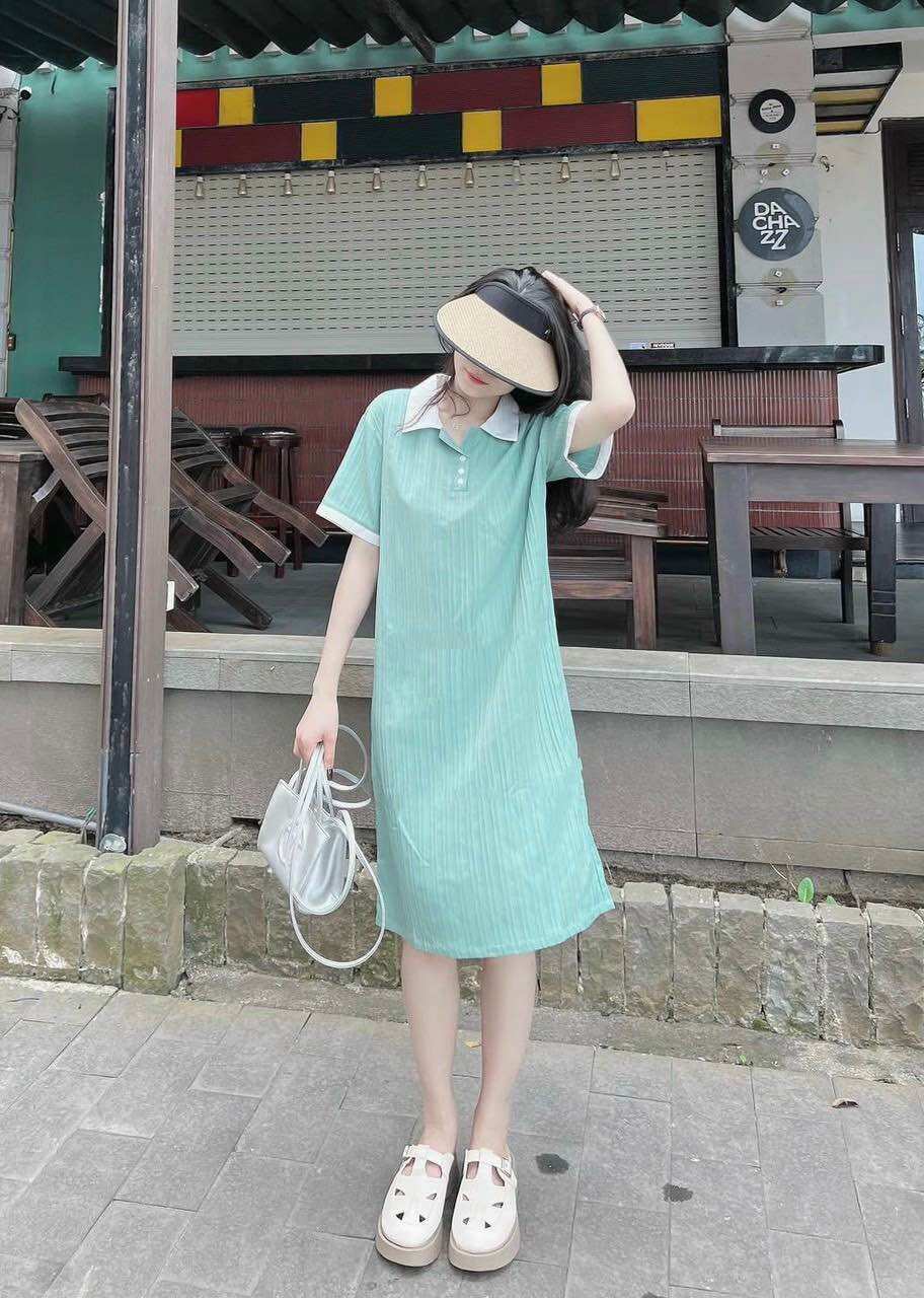 Đầm bầu sơ mi đũi gân cổ polo công sở