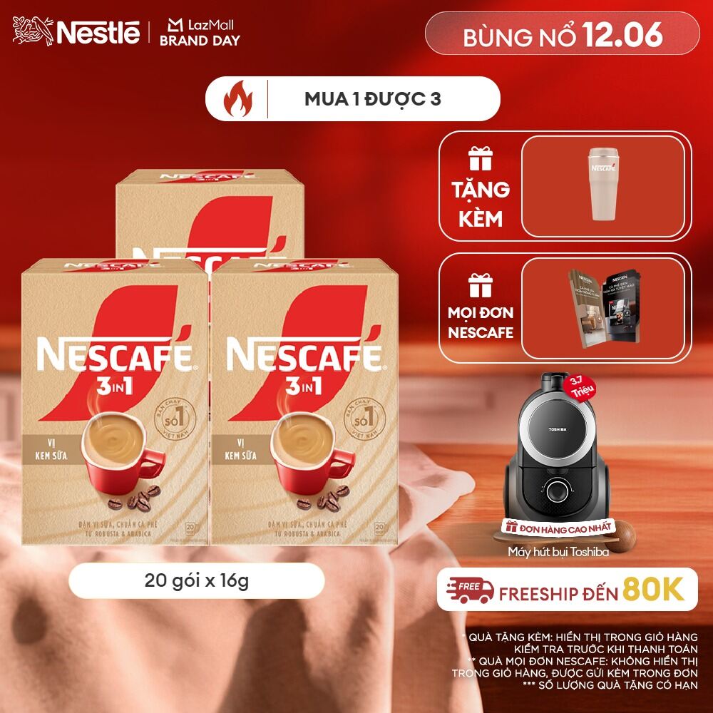 [ƯU ĐÃI THÁNG 6] Combo 3 Hộp Cà phê hòa tan NESCAFÉ 3IN1 VỊ KEM SỮA 20 gói