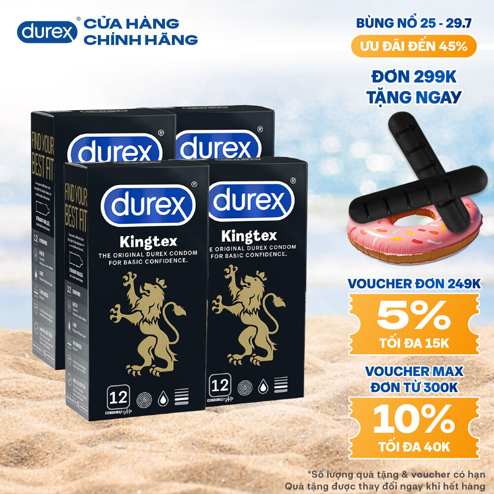 [25-29.7 - Voucher đến 30K] Bộ 4 hộp bao cao su Durex Kingtex bôi trơn, ôm sát size 49mm, 12 bao/hộp