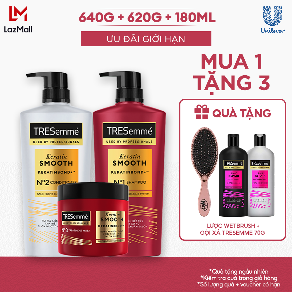 Combo Dầu Gội, Dầu Xả, Kem Ủ TRESemmé Keratin Smooth Keratinbond+ 640g, 620g, 180ml Cho Tóc Khô Xơ Rối Vào Nếp Suôn Mượt