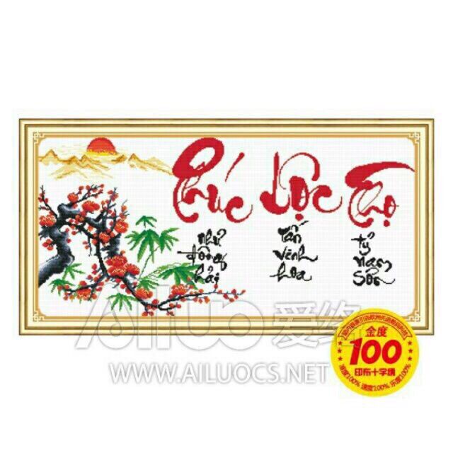 Tranh thêu chữ thập phúc lộc thọ -cành đào 51357 chưa thêu.
