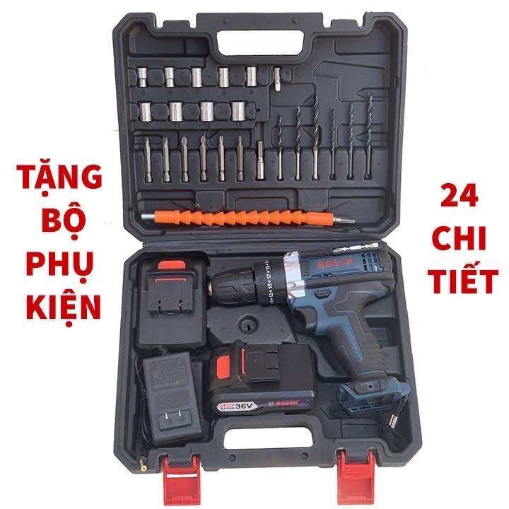 Máy khoan pin 36v Bos kèm bộ phụ kiện 24 chi tiết - máy khoan 3 chức năng (khoan, bắn vít, búa) - pin dung lượng chuẩn