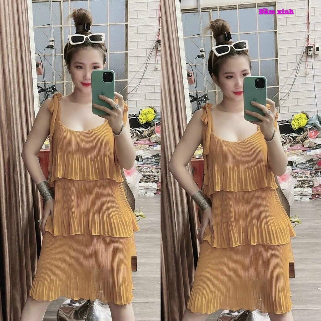 Đầm dập ly 3 tầng vải voan cột vai