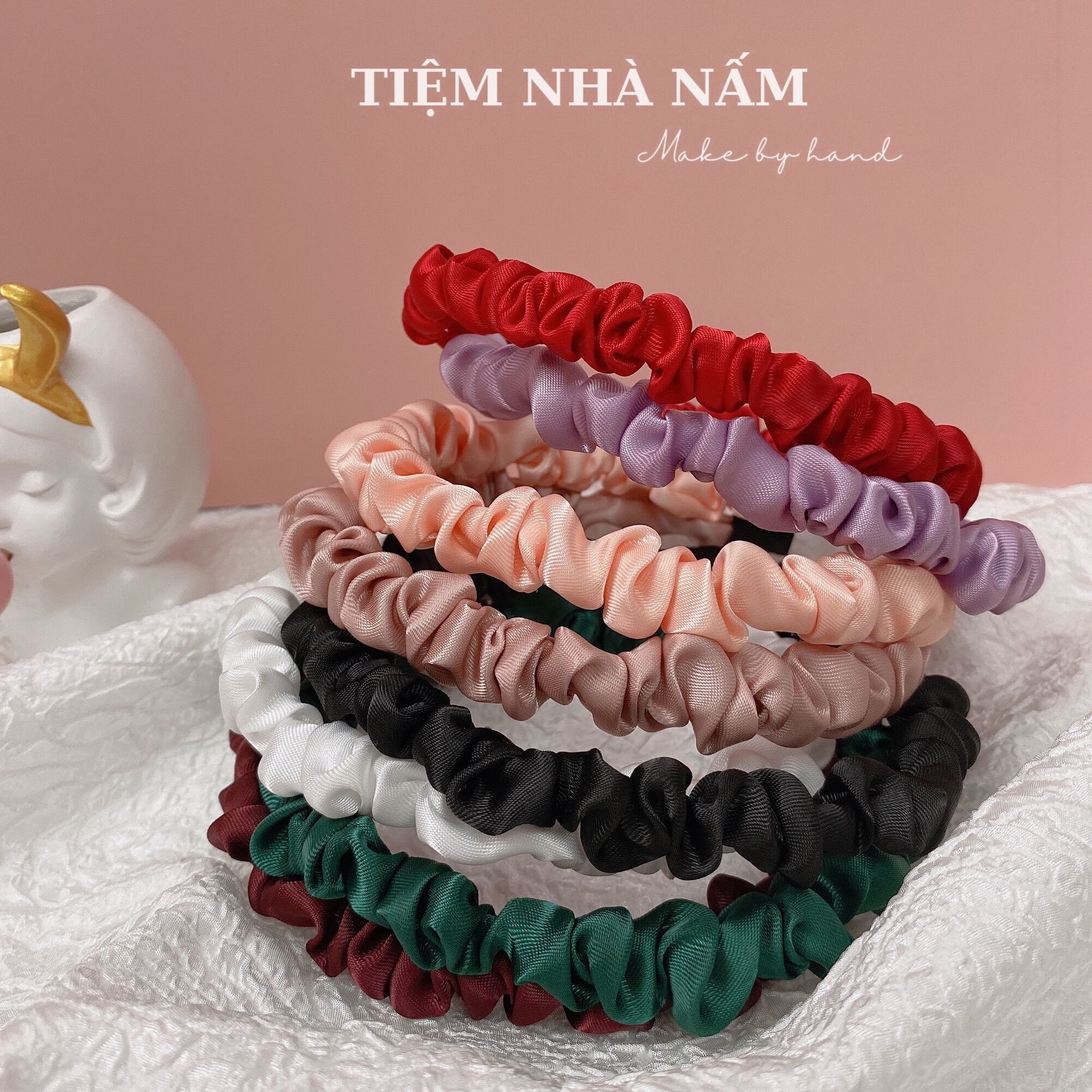 🎀 Cài, bờm tóc nhún satin bèo nhiều màu - [ Nhà Nấm handmade ]