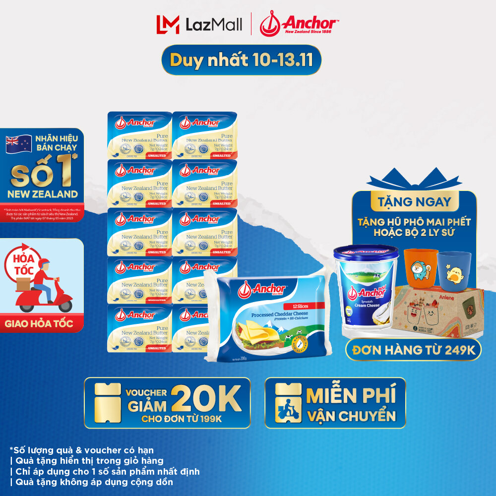 [GIAO HÀNG HỎA TỐC - HCM] [Combo Làm Bánh Mì Nướng] Bơ Vỉ Anchor (7Gx10) + Phô Mai Lát Anchor 200G