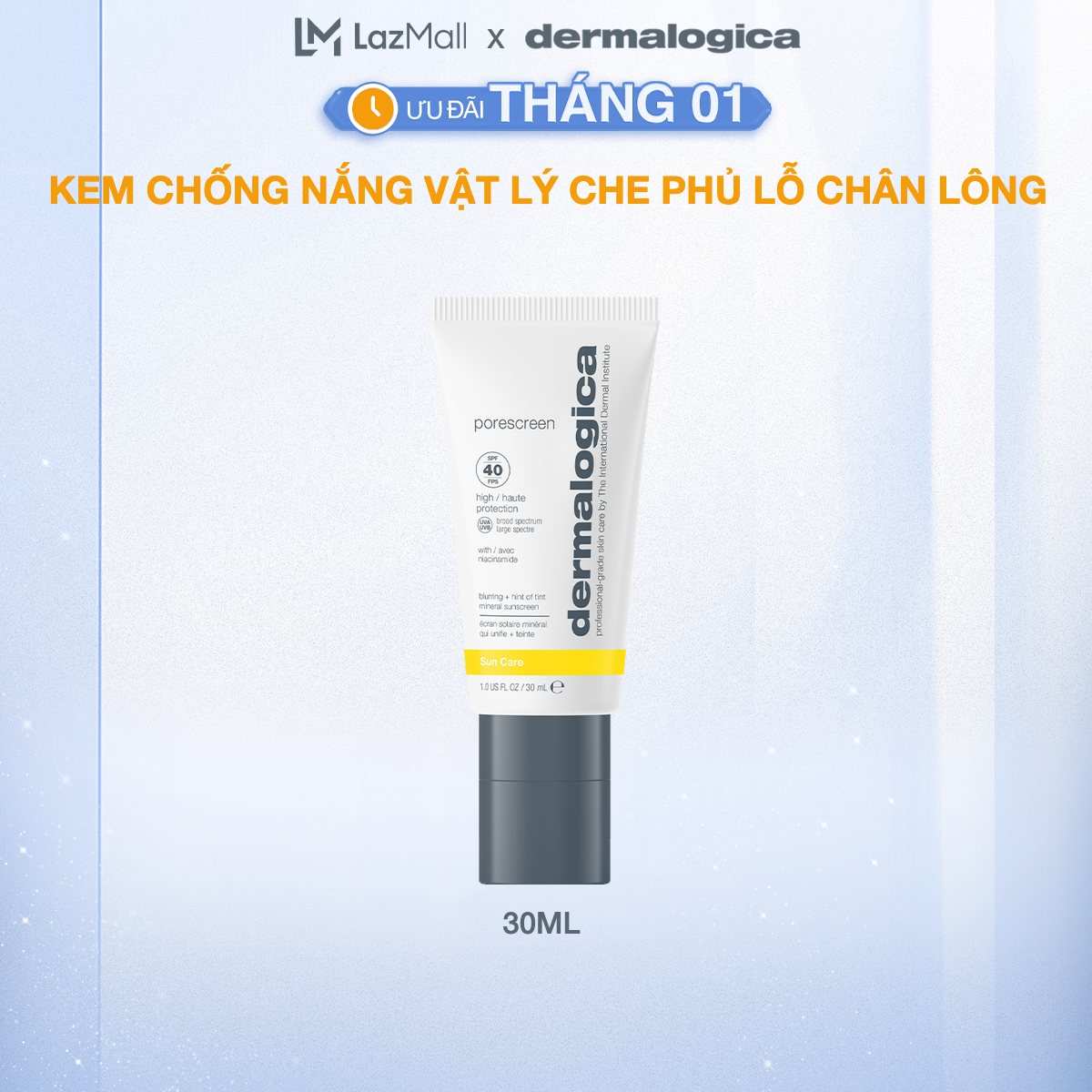 Chống nắng vật lý che phủ lỗ chân lông Porescreen Mineral Sunscreen Spf40 30ml