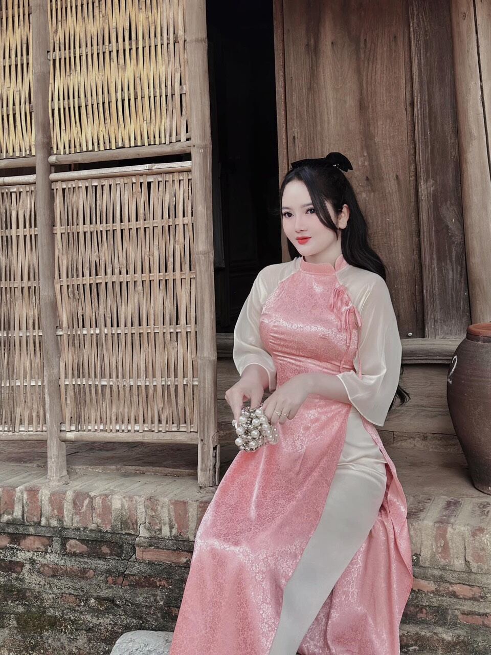 ÁO DÀI BIGSIZE GẤM HOA THẮT NƠ PHỐI QUẦN DÀI (L-2XL)