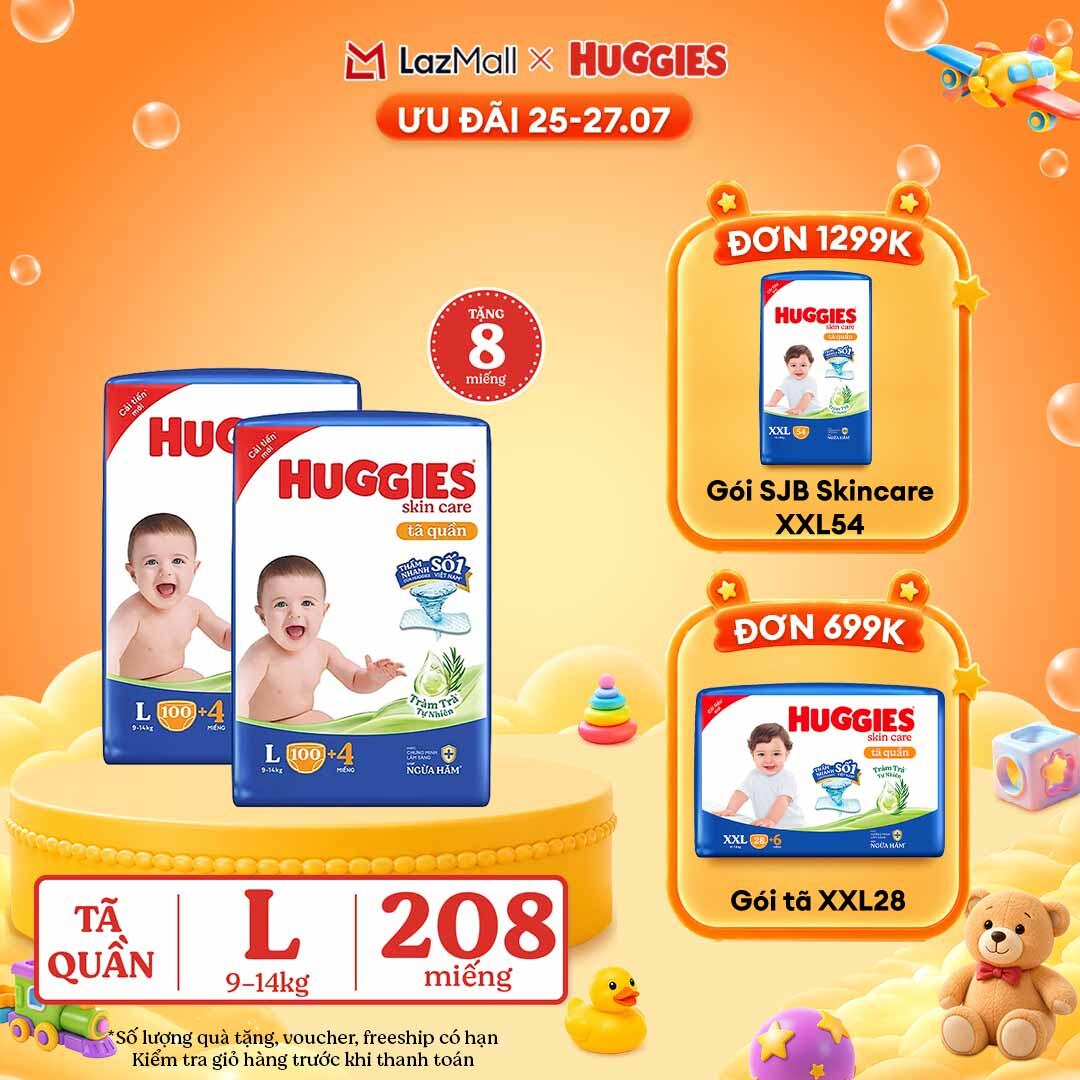 [30.7 GIẢM THÊM 90K]  Combo 2 Gói Tã/bỉm quần HUGGIES SKINCARE MEGA JUMBO size L100+4 miếng
