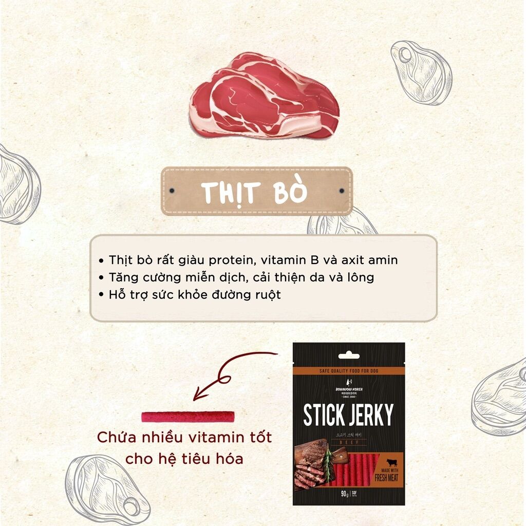 Thịt bò que mềm Bow wow Hàn Quốc cho Chó 90g, Snack gặm cho chó