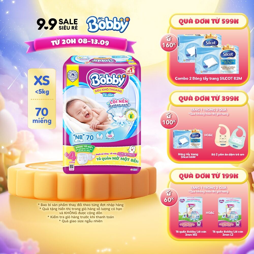 Tã dán sơ sinh Bobby Lõi nén Cotton-Soft 3mm 70 miếng (Tặng thêm 4 miếng Tã Quần Mở Một Bên)