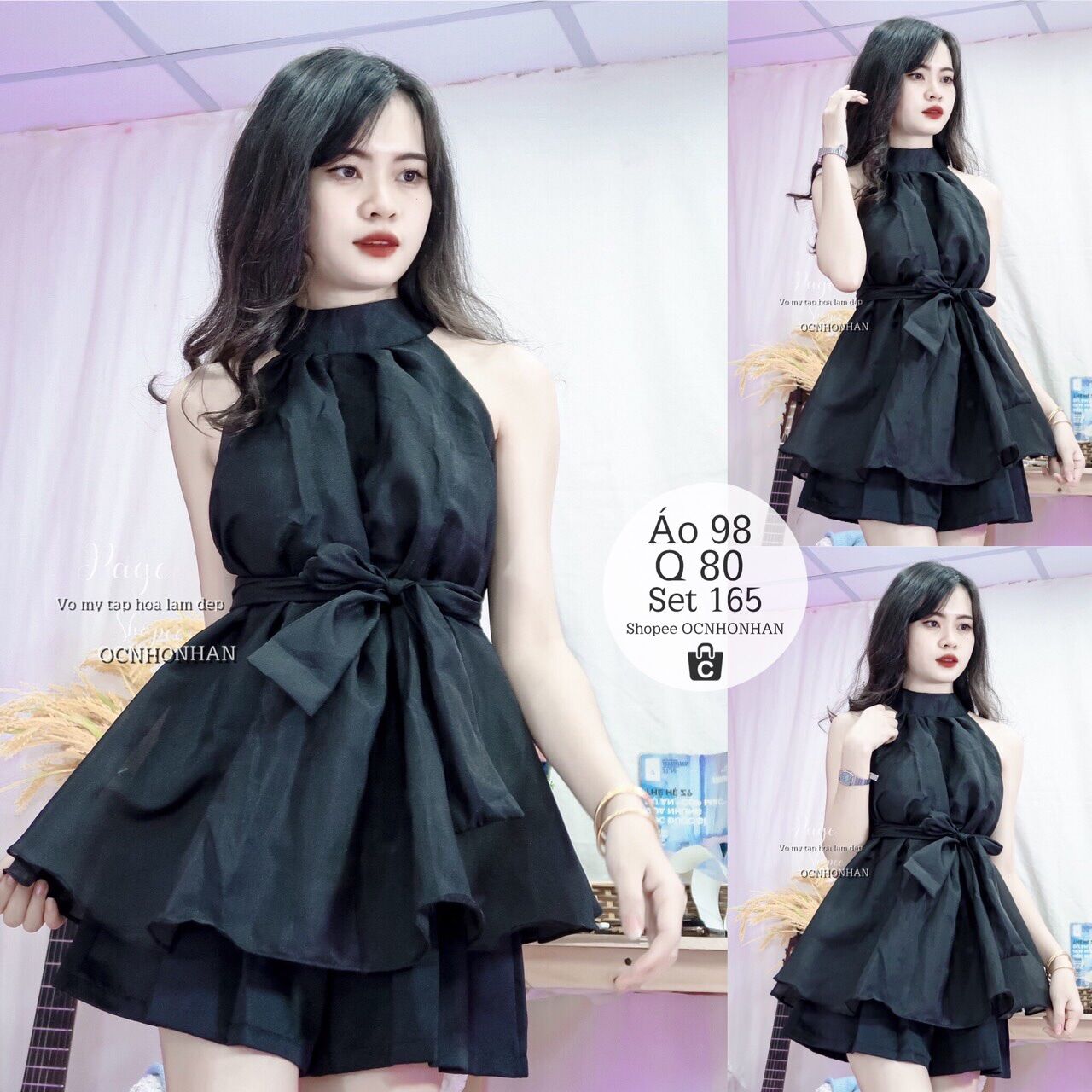 Set áo yếm kèm dây cột eo phối quần short xếp ly