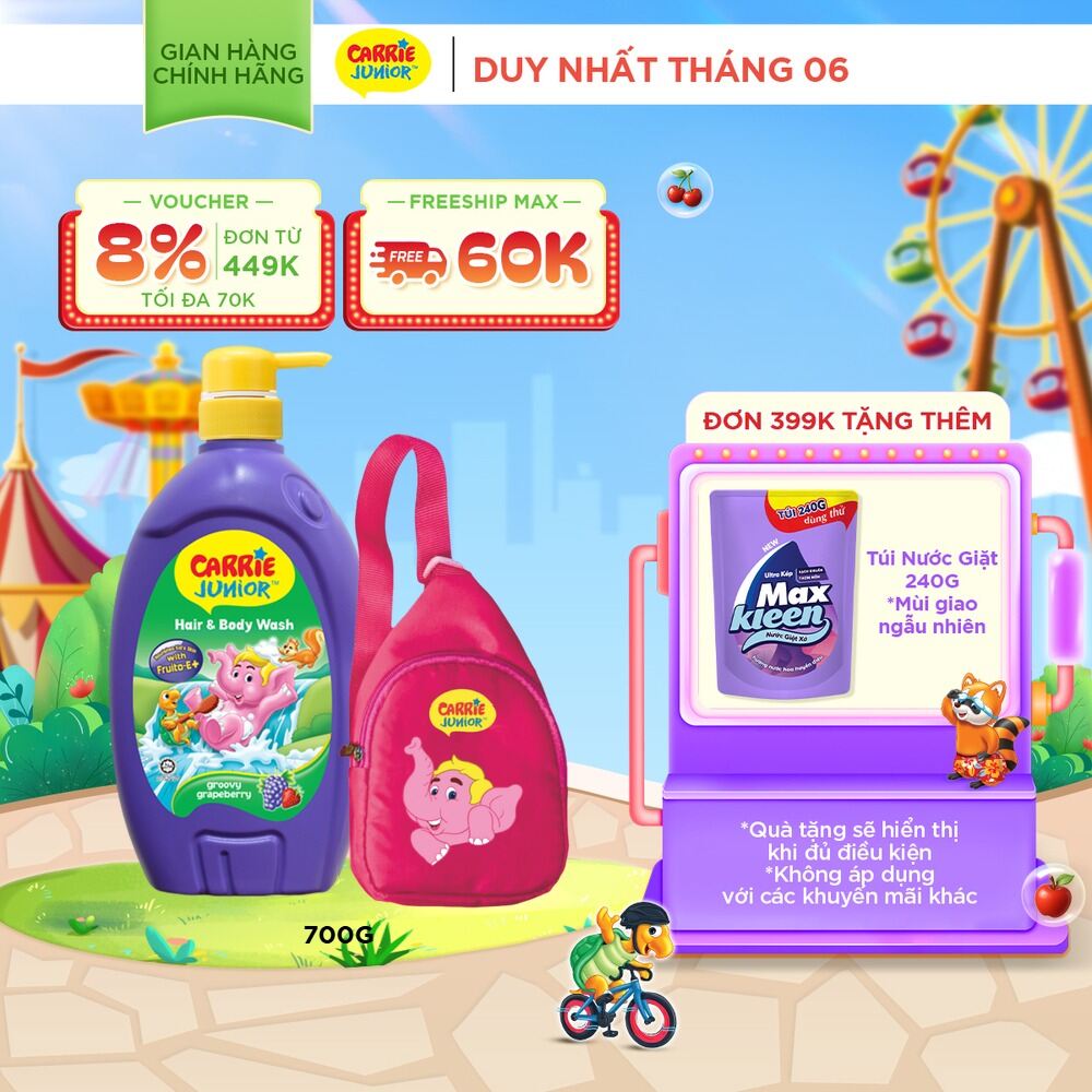 [Tặng Kèm Túi Đeo Chéo] Sữa Tắm Gội cho bé Carrie Junior Hương Grapeberry 700g