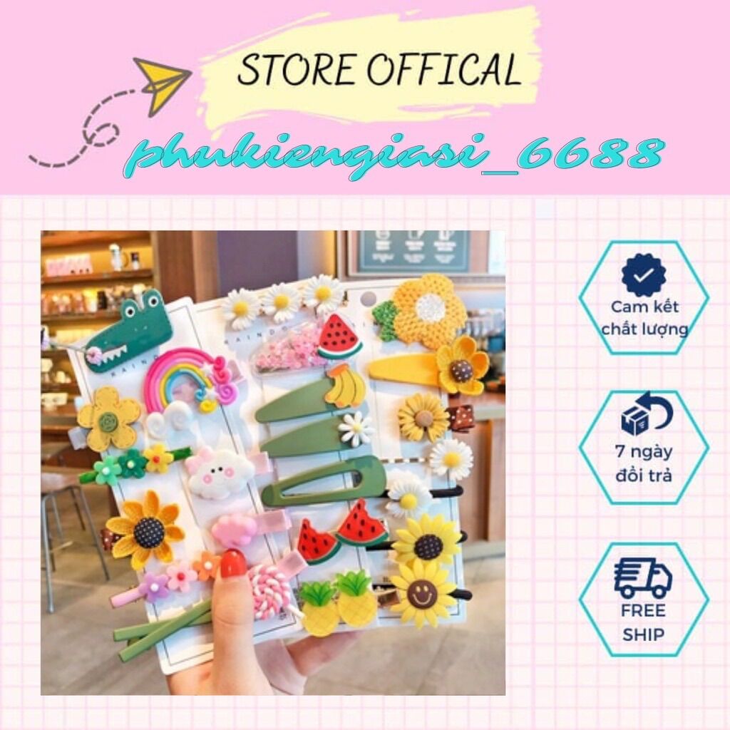 Set 14 kẹp tóc nhiều hình đáng yêu đính hoa con vật ngộ nghĩnh