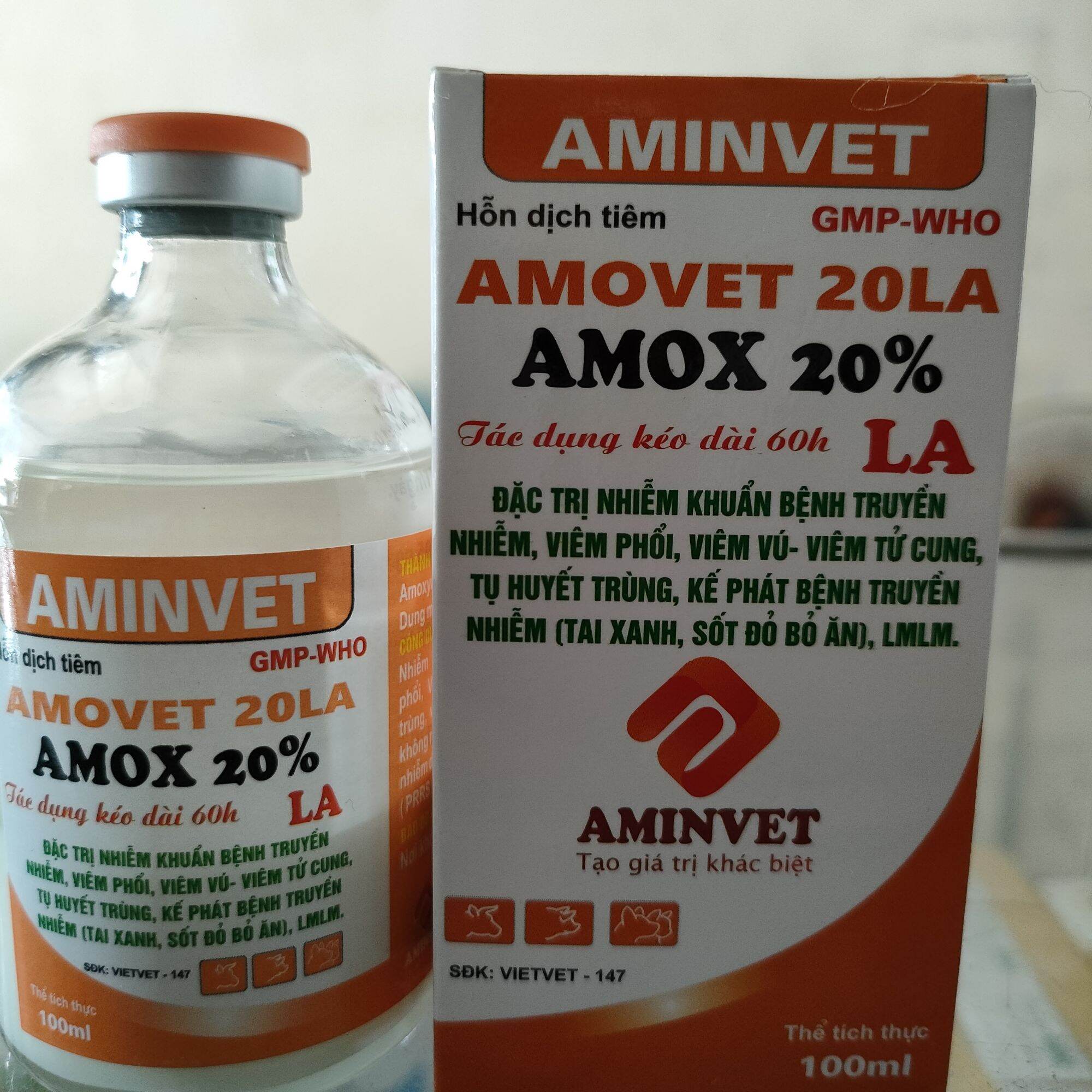 Amox 20% LA kéo dài 60h: 20ml, 100ml dùng cho heo, chó mèo, trâu bò