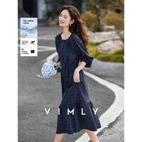 Vimly | Đầm Dáng A Dây Chéo Phong Cách Cô Gái Rừng Màu Xanh Kẻ Caro Cổ Tròn Đính Nút Slim Waist