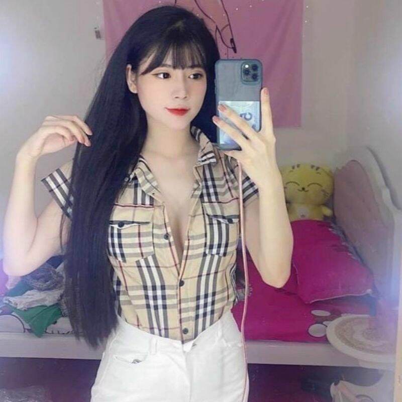 Áo sơ mi sọc caro tay ngắn có 2 túi #áo_sơ_mi