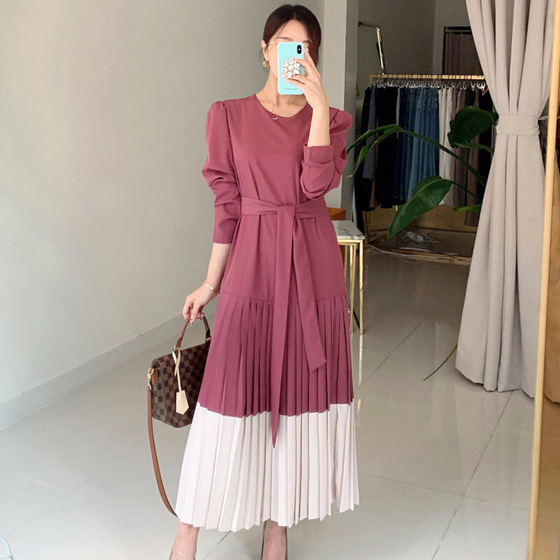 South Korea CHIC French Elegance Crew Neck Loose Lace-up Waist Hugging Hem Contrast Color Joint Pleated Dress Long Skirts Woman