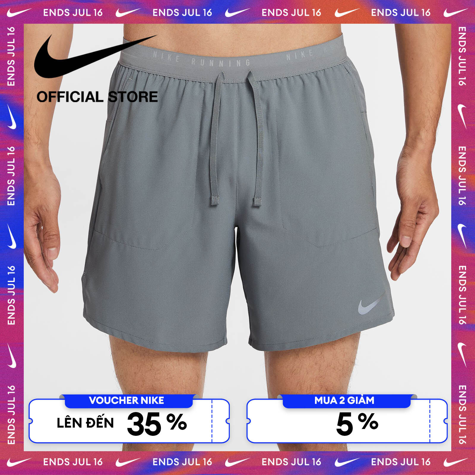 [15-16.07 | VOUCHER ĐẾN 35% + MUA 2 GIẢM 5%] Quần short Nam Nike Stride Men's Dri-FIT 7" Brief-Lined Running Shorts - SMOKE GREY