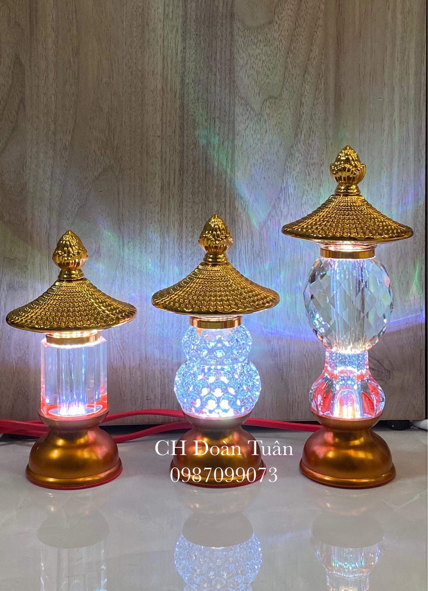 Cặp đèn thờ pha lê nhiều kiểu dáng mái chùa, đèn bàn thờ đổi màu pha lê