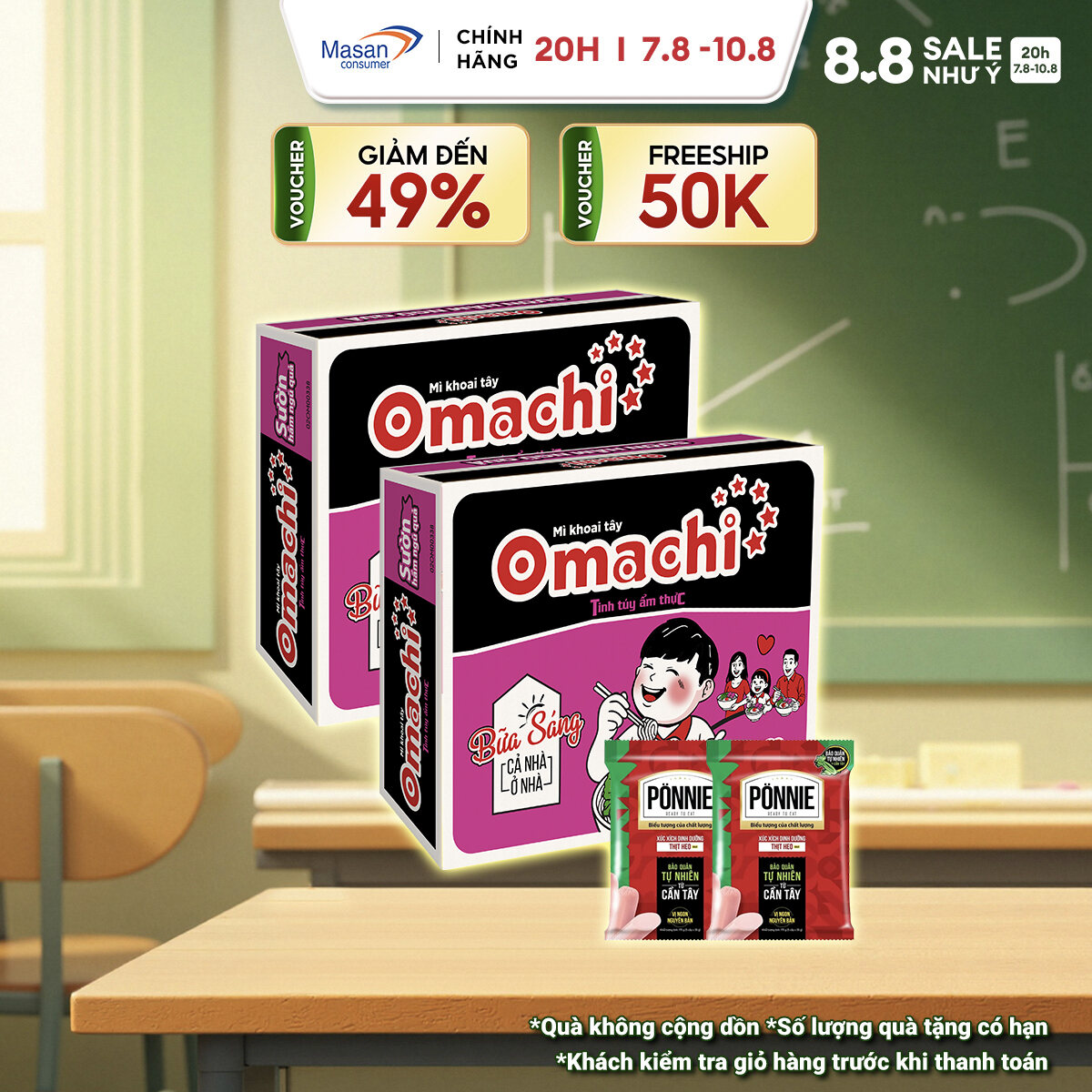 Combo 2 Thùng Omachi Sườn Hầm Ngũ Quả Gói 80G + 2 Xúc Xích Tiệt Trùng Ponnie Vị Heo 70G