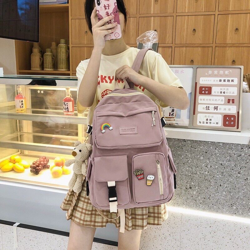 (Tặng gấu & sticker) Balo ulzzang chống nước Hàn Quốc vải đẹp