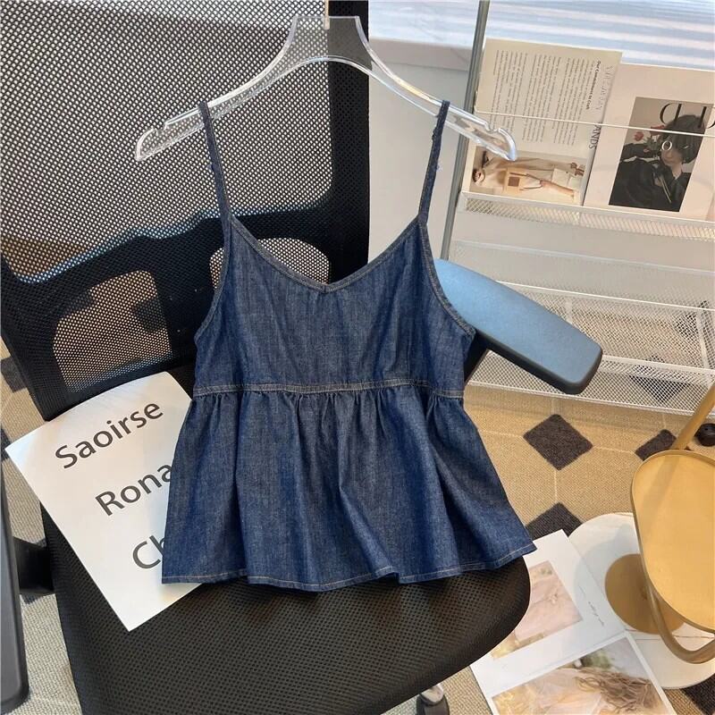 Nữ Màu Sắc Sâu Áo Vest Denim Ren Thiết Kế Cạnh Crop Tank Top Mùa Hè Áo Khoác Ngoài Chiều Dài Ngắn Áo Khoác Ngoài