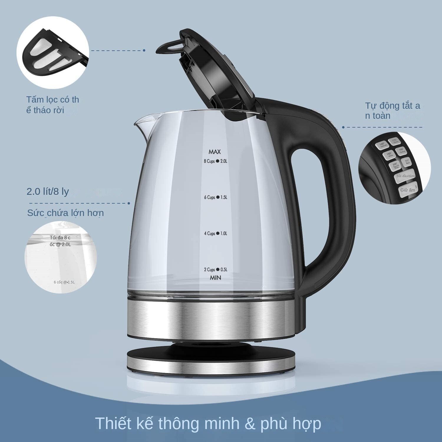 DEVISIB Electric Kettle Temperature Control 4Hours Keep Warm 2L Glass Tea Coffee Hot Water Boiler Food Grade 304 Stainless Steel