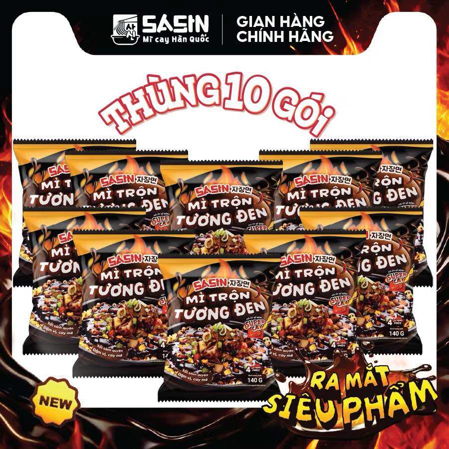 Thùng 10 gói mì tương đen Sasin, gói 140g, hương vị đặc biệt, phù hợp cho bữa ăn nhanh, cảnh quan nhà bếp hoặc văn phòng.