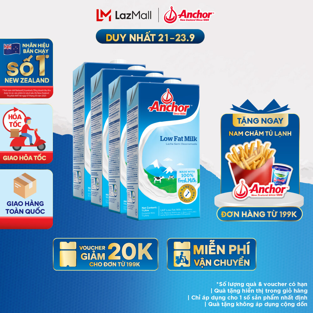 [GIAO HÀNG HỎA TỐC - HCM] Combo 4 Sữa Tươi Tiệt Trùng Anchor Ít Béo Hộp 1 Lít