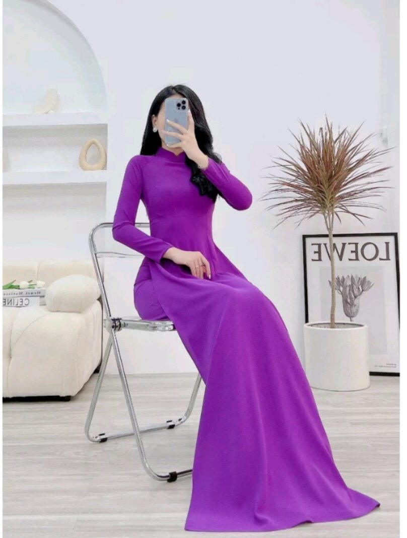 Bộ Quần, Áo Dài Tím trơn lụa mỹ cao cấp tay lỡ