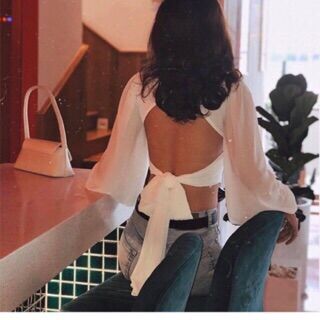 ÁO CROPTOP HỞ LƯNG TAY BỒNG CỘT NƠ