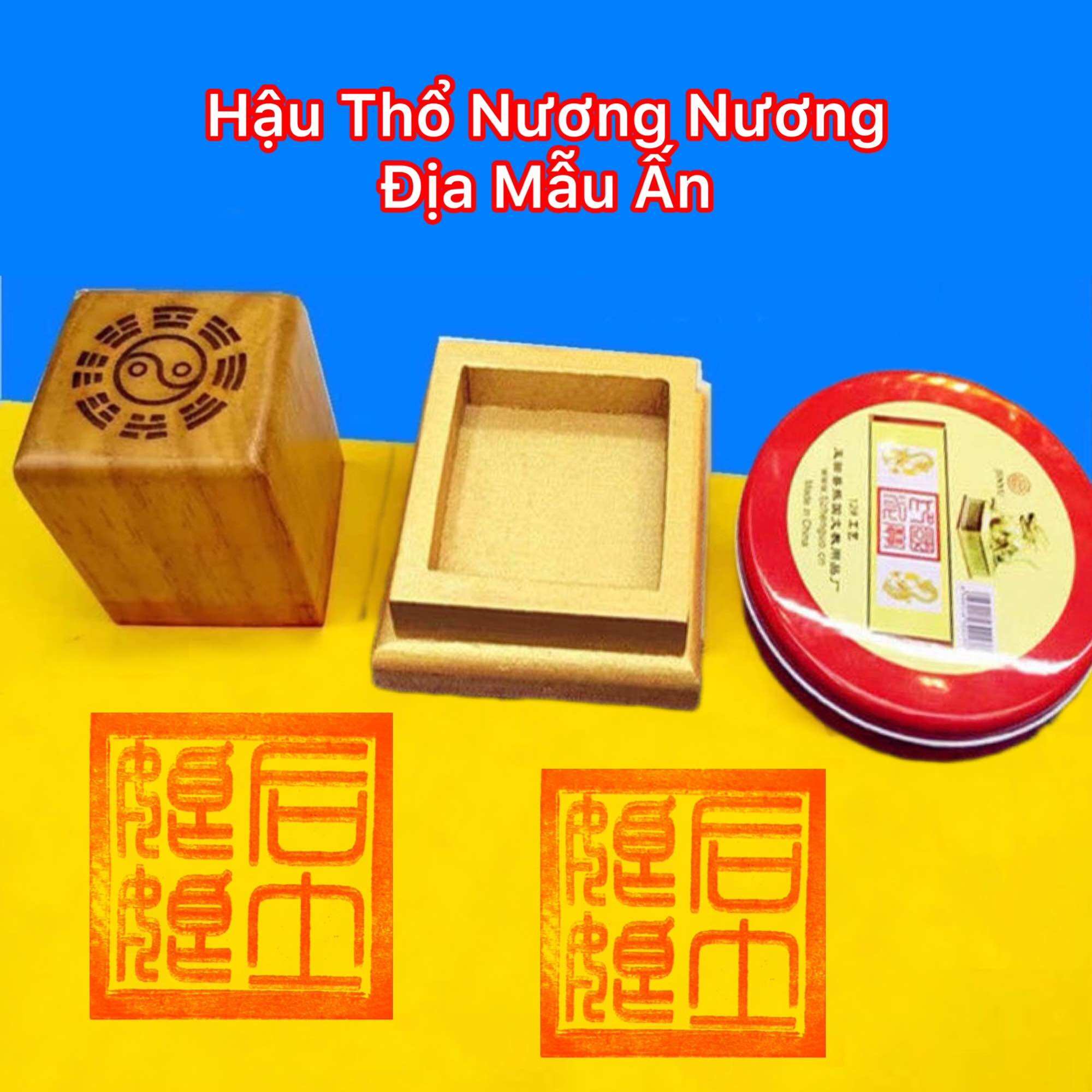 Ấn gỗ đào Hậu Thổ Nương Nương Địa Mẫu tặng kèm đế đựng và hộp triện chu sa