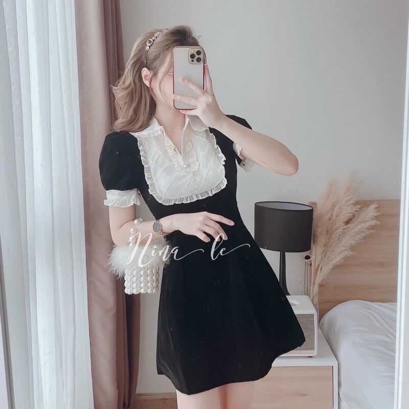 Đầm nhung cổ ren hoạ tiết
