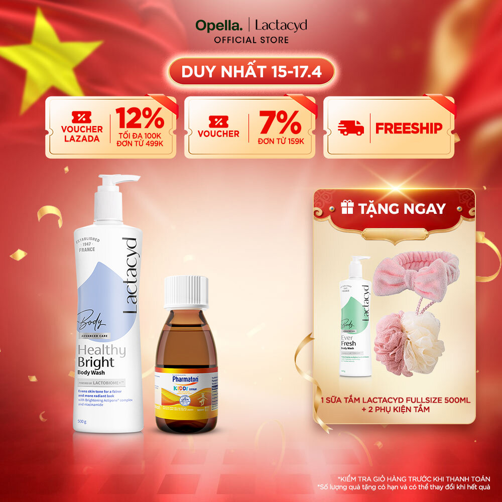 Bộ 1 Sữa tắm Lactacyd Healthy Bright làm đều màu da, mang lại làn da sáng khỏe, rạng rỡ và tự tin + 1 Siro Pharmaton Kiddi 100ml giúp xương chắc khỏe, hỗ trợ sự phát triển toàn diện của trẻ nhờ bổ sung Lysine, Canxi và các Vitamin cần thiết cho trẻ
