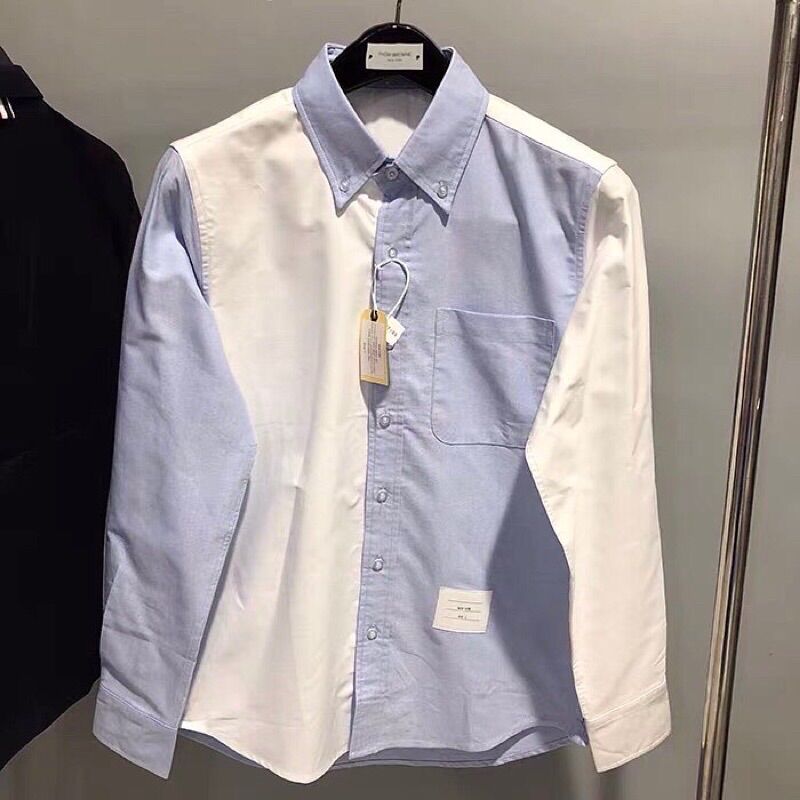 Áo sơ mi Thom Brow cao cấp, Xanh, trắng, vải oxford dày