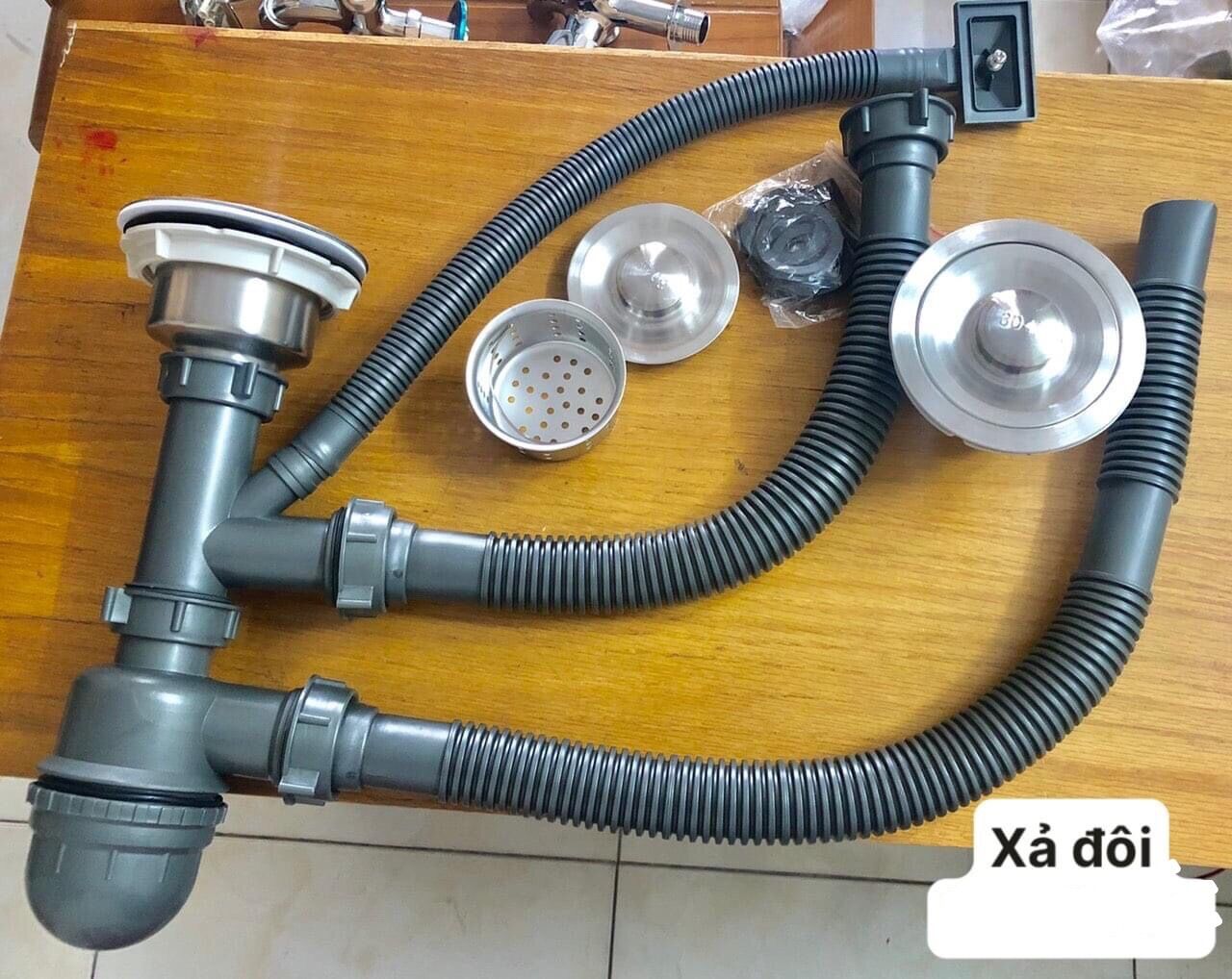 Xi phông bộ xả chậu rửa chén 2 hộc inox