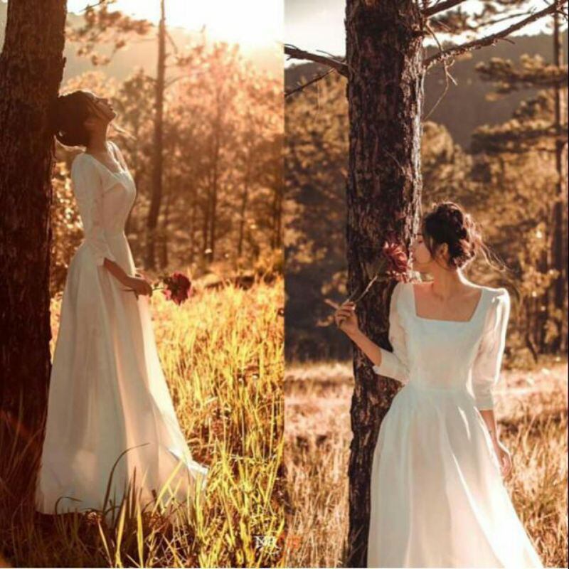 Váy xoè dạ hội cô dâu, váy trắng thiết kế cổ vuông tay lỡ xẻ V
