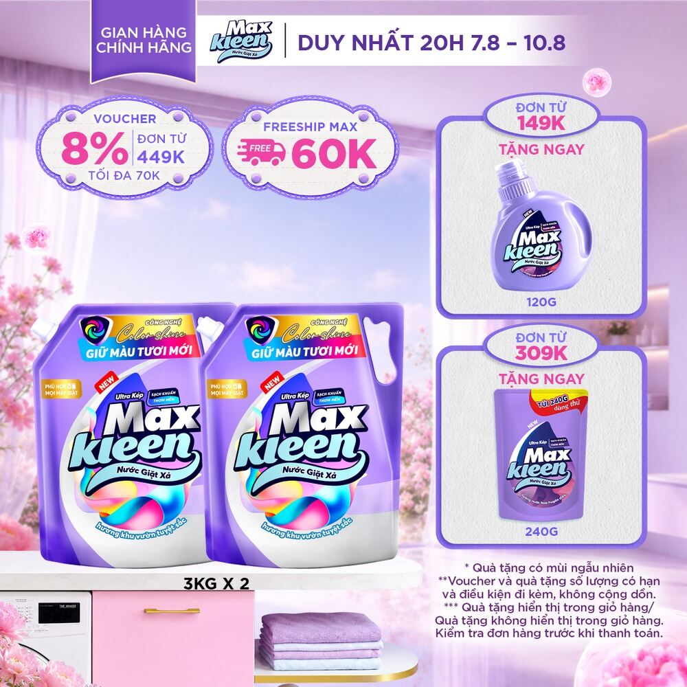 [DEAL SỐC - GIỮ MÀU] Combo 2 túi nước giặt xả Maxkleen giữ màu tươi mới 3Kgx2 - Công nghệ mới