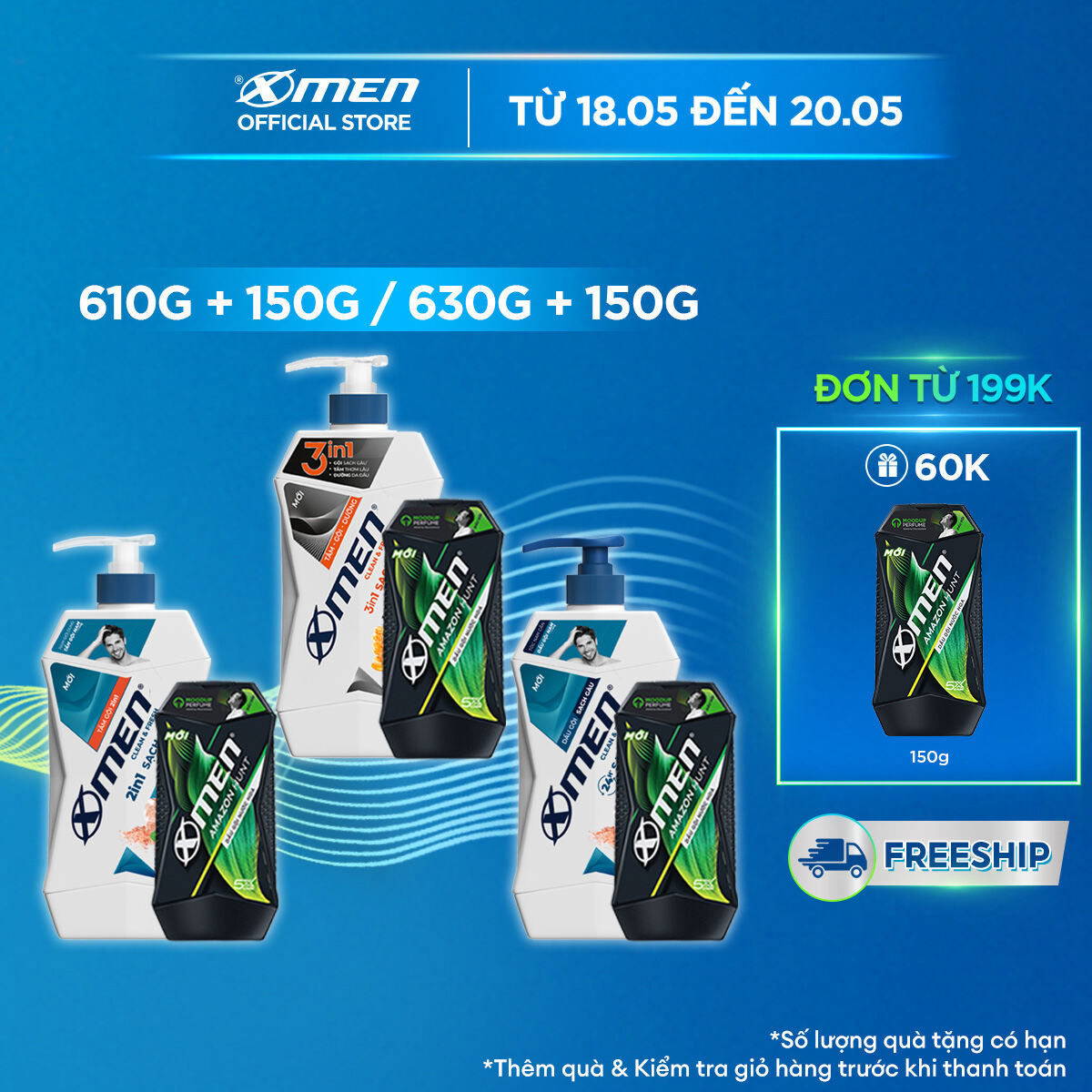 Combo Xmen Clean & Fresh Tắm gội dưỡng 3in1 610g/ Tắm gội 2in1 610g/ Dầu gội sạch gàu 630g + Dầu gội