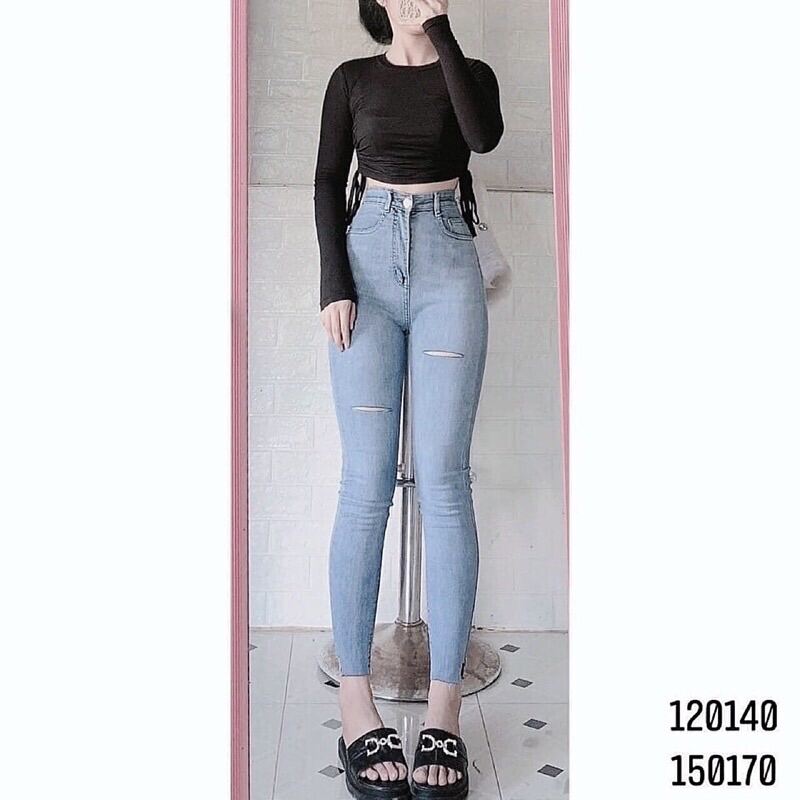 Set Jeans dài co giãn rách gấu PT + Áo tay dài rút dây 2 bên