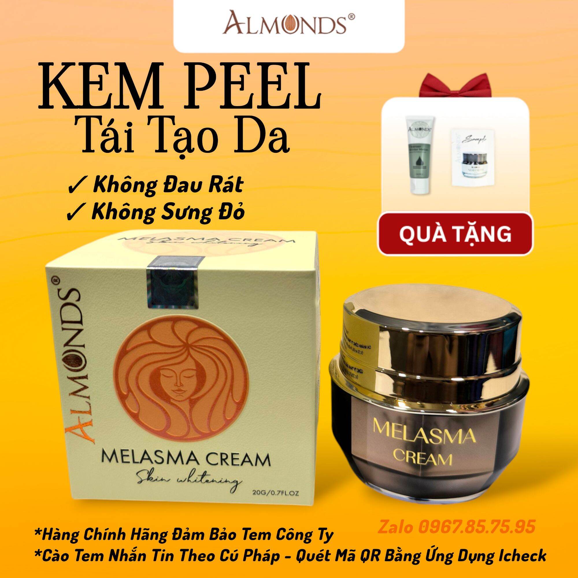 [TẶNG QUÀ] Kem PEEL Tái Tạo Da ALMONDS MELASMA CREAM 20G - KHÔNG SƯNG ĐỎ ĐAU RÁT -  Mờ Nám, Sáng Mịn