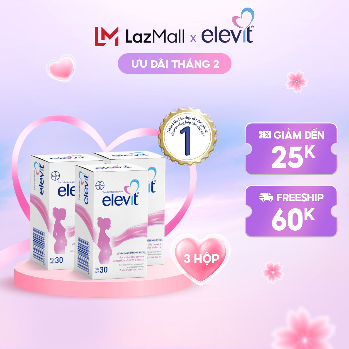 Bộ 3 Hộp Vitamin Bầu Tổng Hợp Elevit Cho Phụ Nữ Trước Trong và Sau Thai Kỳ (30 Viên/ Hộp)