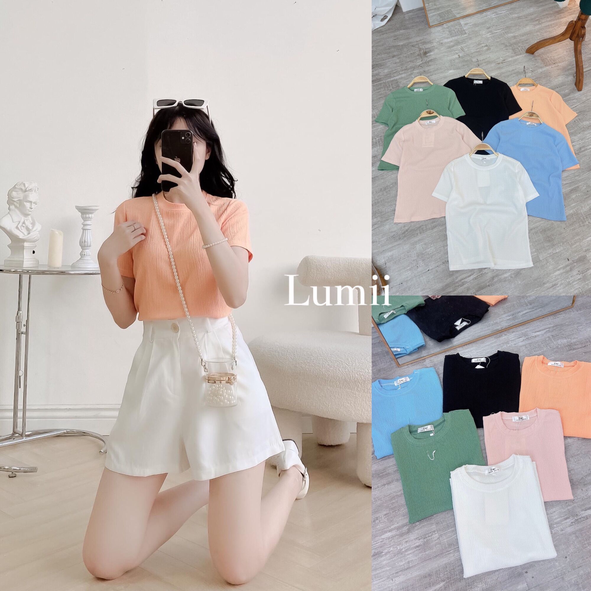 Áo thun xốp nhăn cộc tay cổ tròn dáng vừa - Lumii