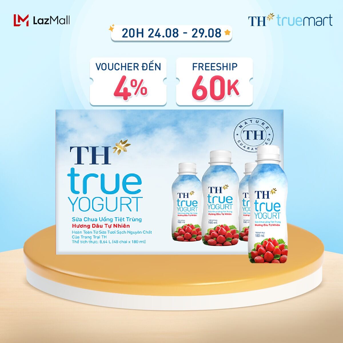 Thùng 48 chai sữa chua uống tiệt trùng TH true YOGURT hương dâu tự nhiên 180 ml