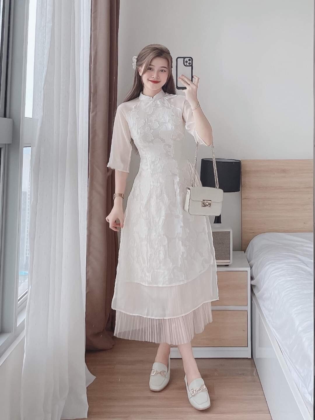 SET ÁO DÀI BIGSIZE REN HOA PHỐI CHÂN VÁY DẬP LY