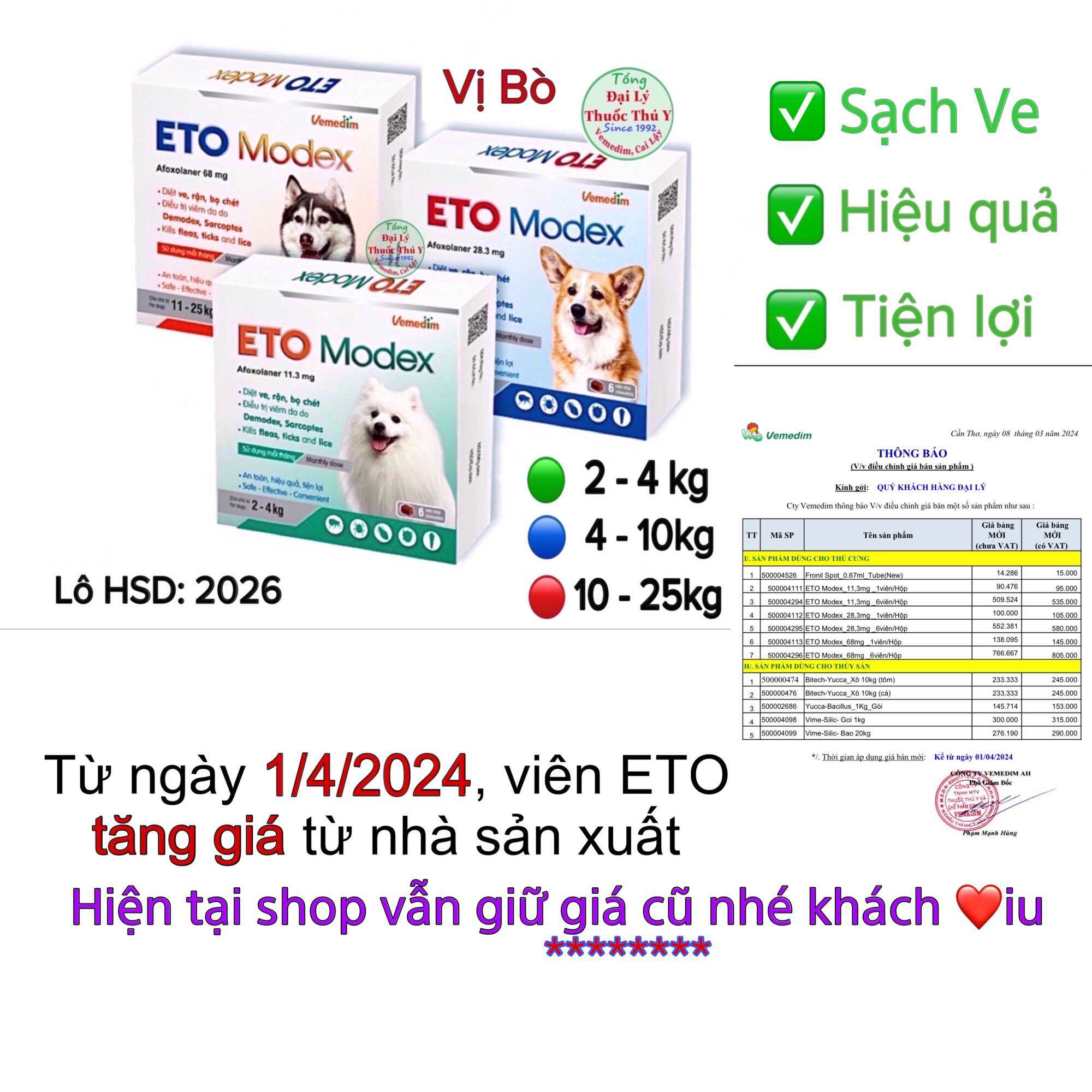 Eto modex viên nhai sạch ve rận, viêm da cho chó