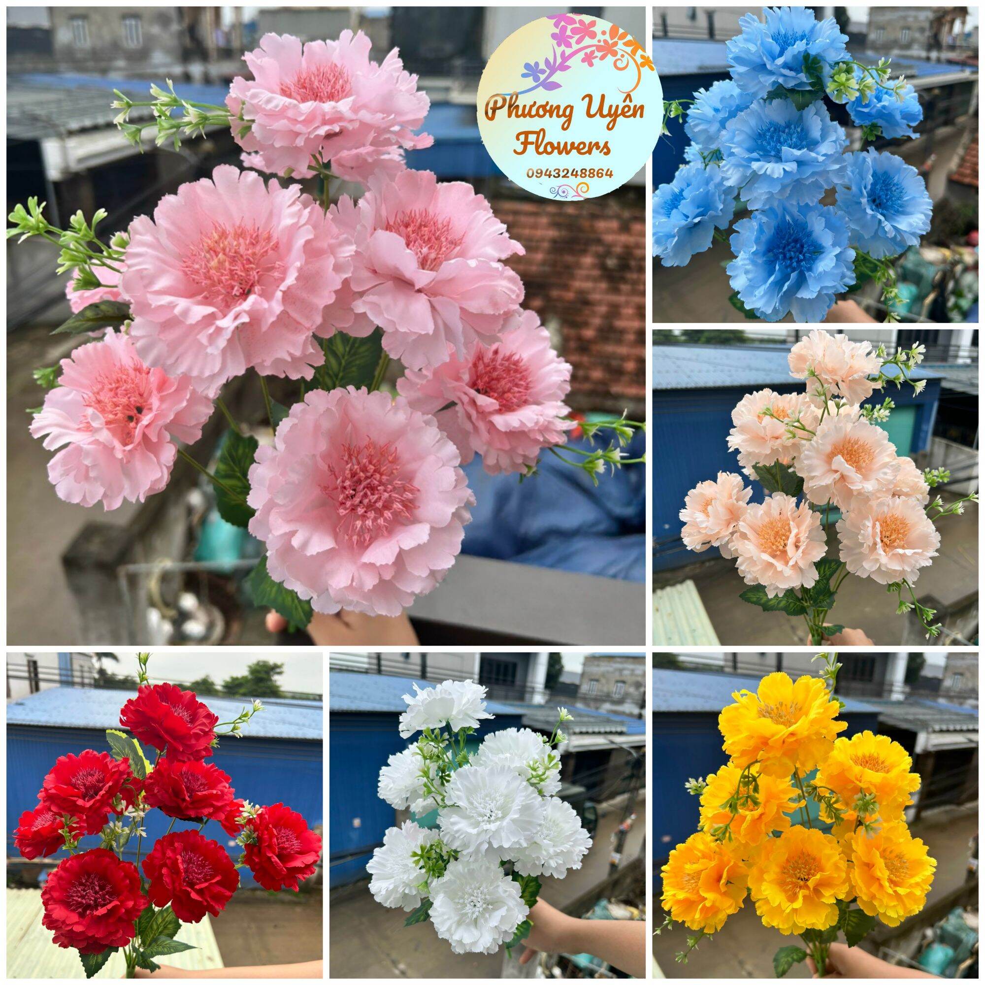 Cụm Cẩm Chướng 9 bông Size 8cm_ hoa giả cao cấp