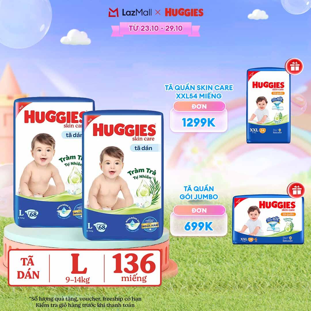 [CHỈ 23-29.10 GIẢM THÊM 80K]  Combo 2 Tã dán Huggies Skincare Super Jumbo L68