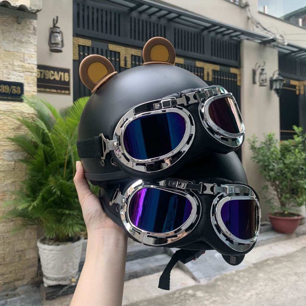Mũ phượt nửa đầu Haly đen sần Kính Phi công + Tai gấu