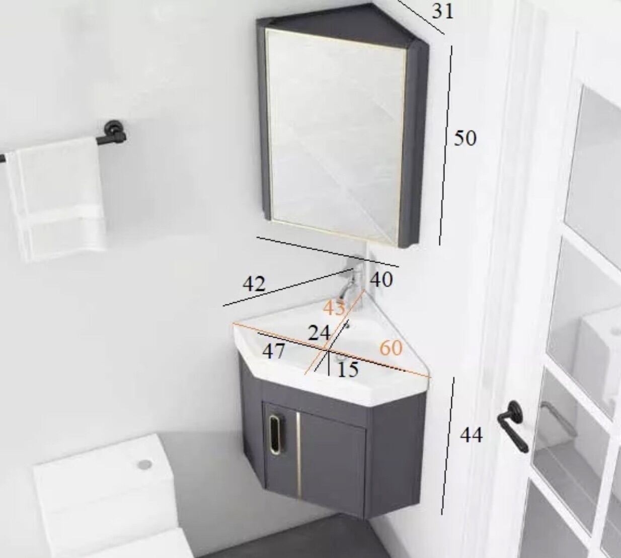 Lavabo góc treo tường tủ lavabo kèm tủ gương góc tam giác kích thước 42cm chất liệu nhôm Sơn tĩnh đi